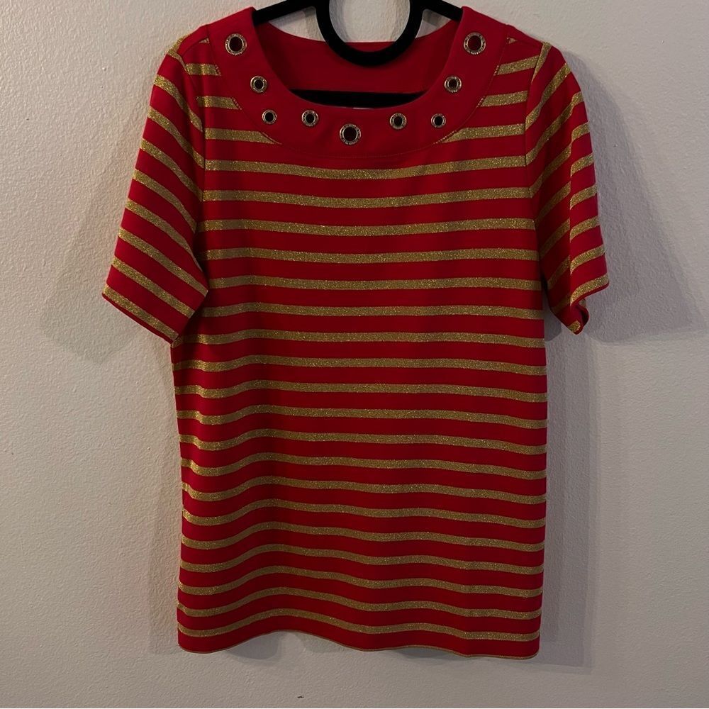 Quacker Factory Shirt Womens Red Gold Striped Round Neck Top rhinestones Size M